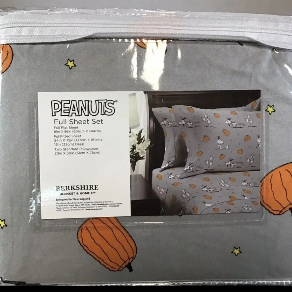 PEANUTS Snoopy Halloween Gray Full Size Sheet Set Berkshire Ghosts Pumpkin NWT